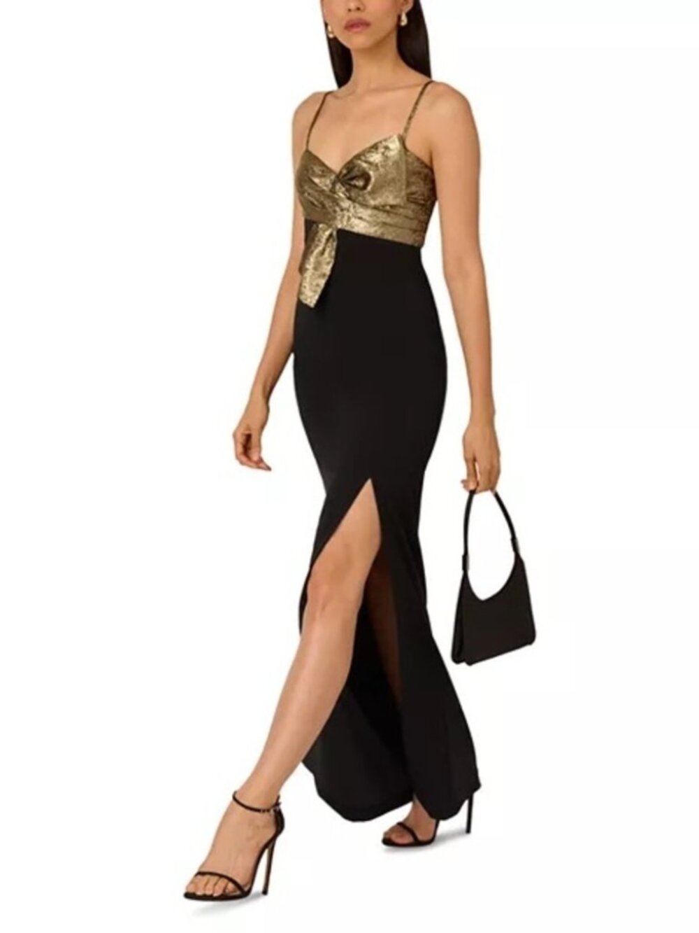Liv Foster Anthropologie black gold combo twist bow column gown dress size 0